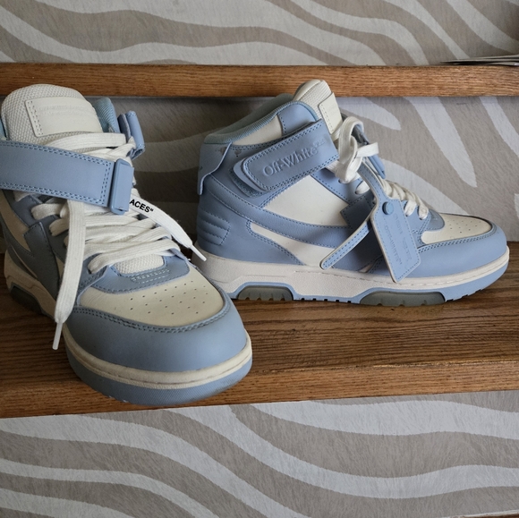 Off-White brand, light blue and white, hightop sneakers, size 41 EU, US 8 - Picture 3 of 4
